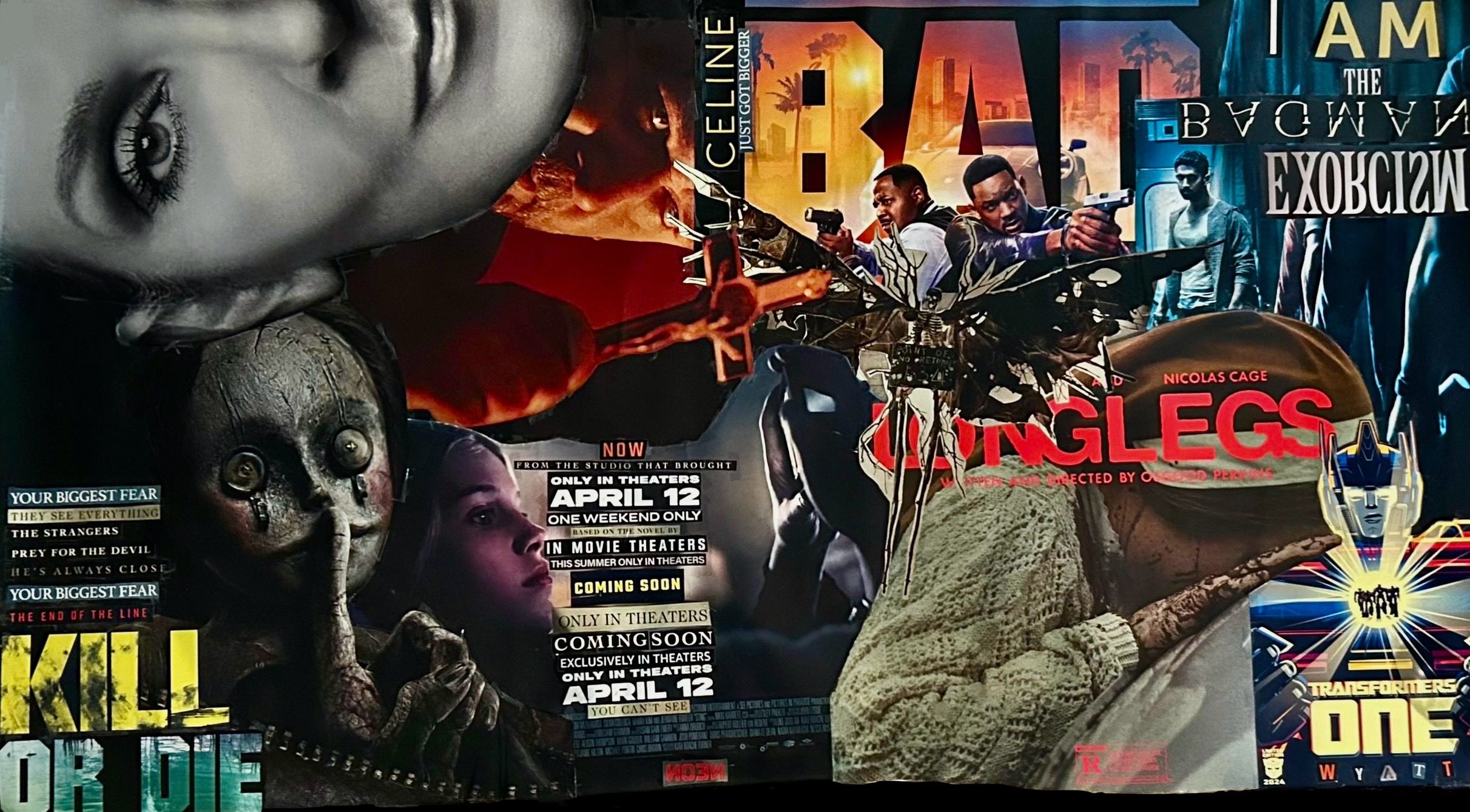 Dark poster collage combining horror, pop culture, typography, and action imagery